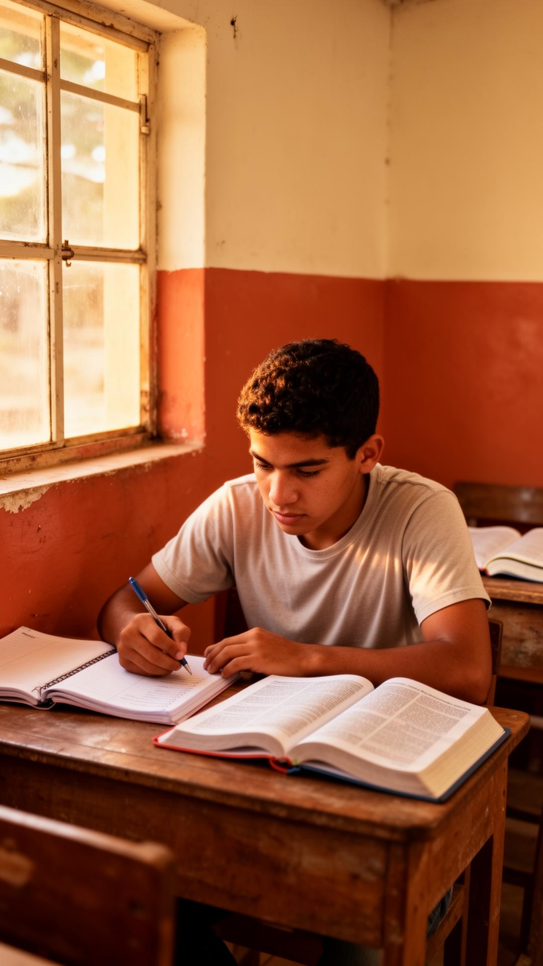 A young Honduran student studying by lamplight
